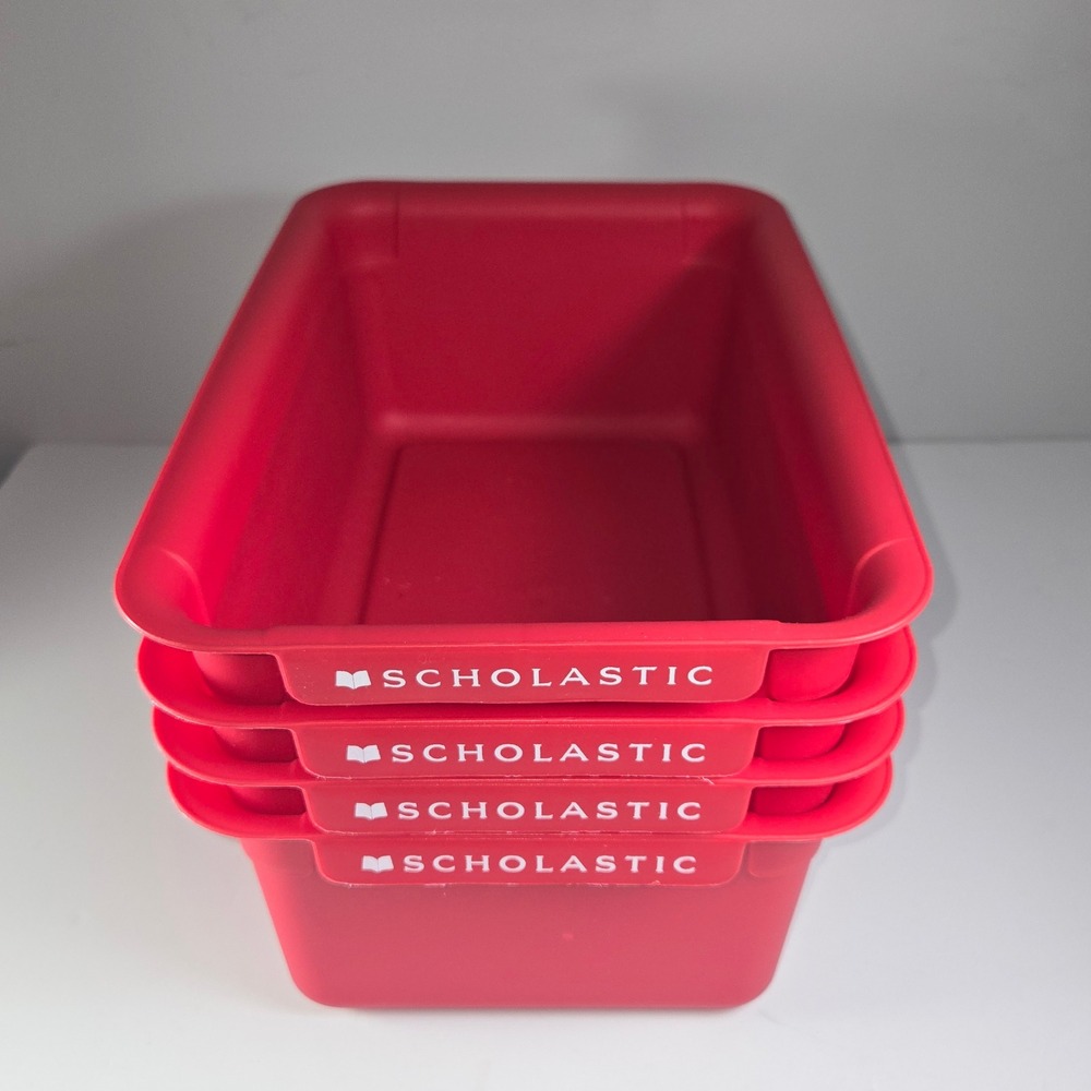 Scholastic Red Plastic Book Bin Holder School Supply Organizer Stackable set of4